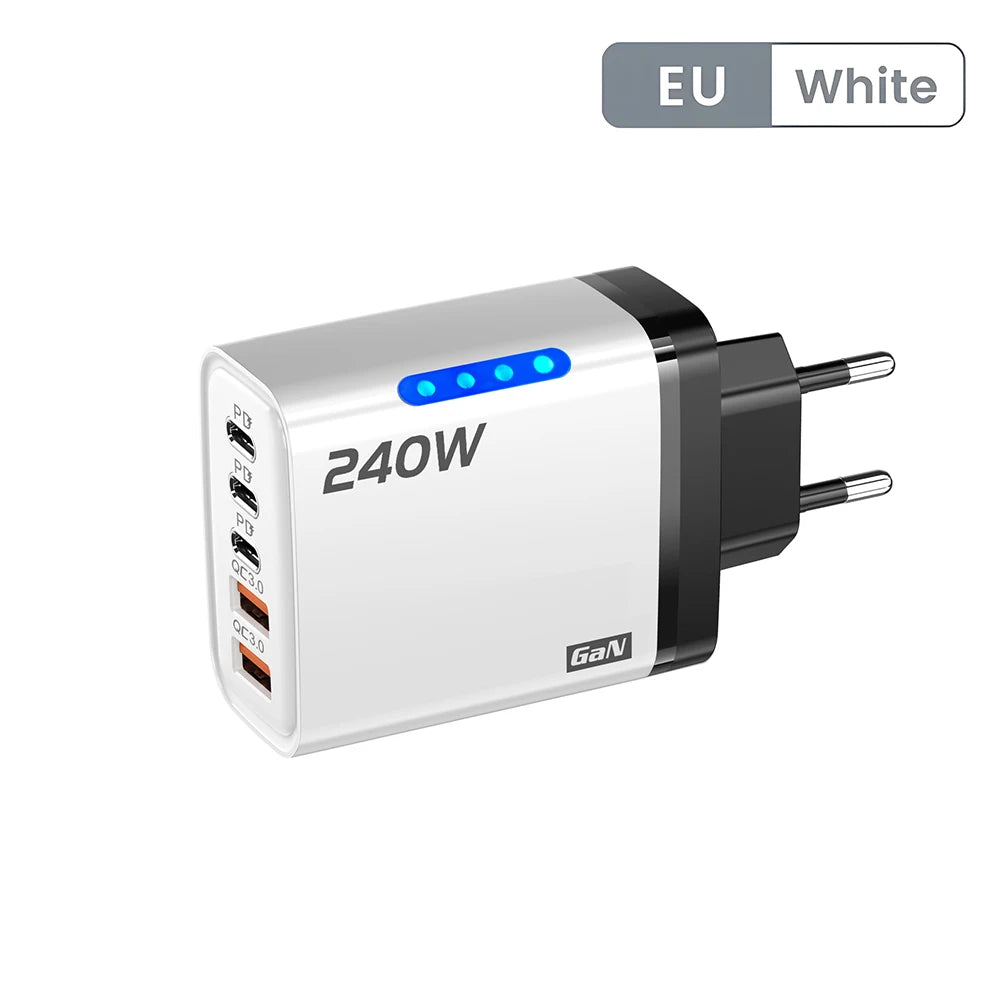 240W GaN 5 in 1 USB C Charger Fast Charging Phone Charger Power Adapter Type C EU/US Plug Wall Charger For iPhone Samsung Xiaomi
