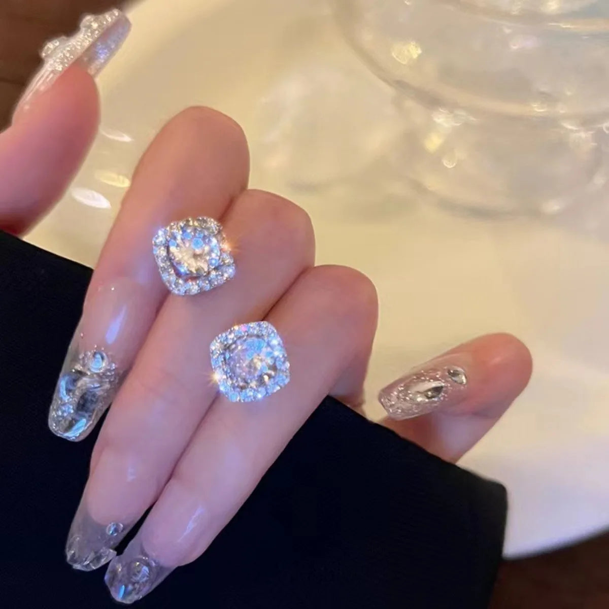 2pc Shiny Imitation Diamond Alloy Earrings Square Large Round Glass Rhinestone Women's Light Luxury Silvery Temperament Jewelry