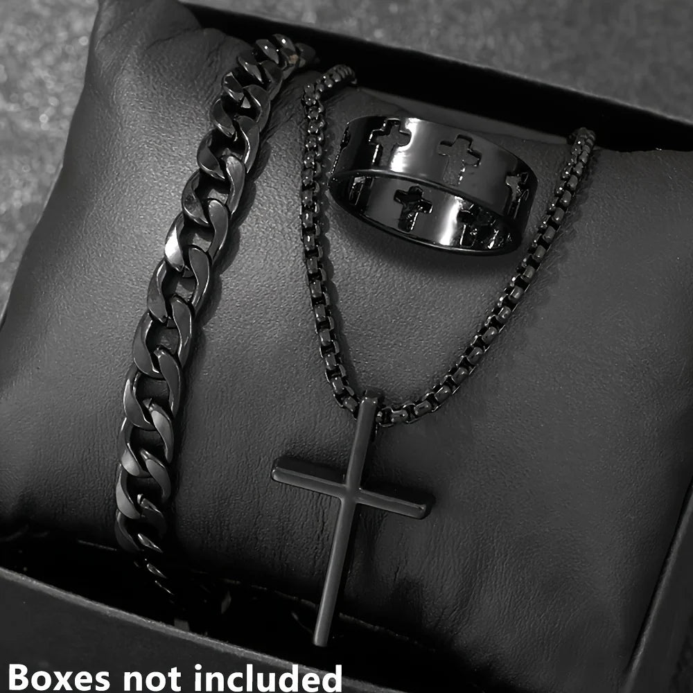 Bestseller New 3Pcs Cross Jewelry Set | Chain Ring Bracelet Necklace | Fashion Religious Accessories for Women Men Daily & Gift